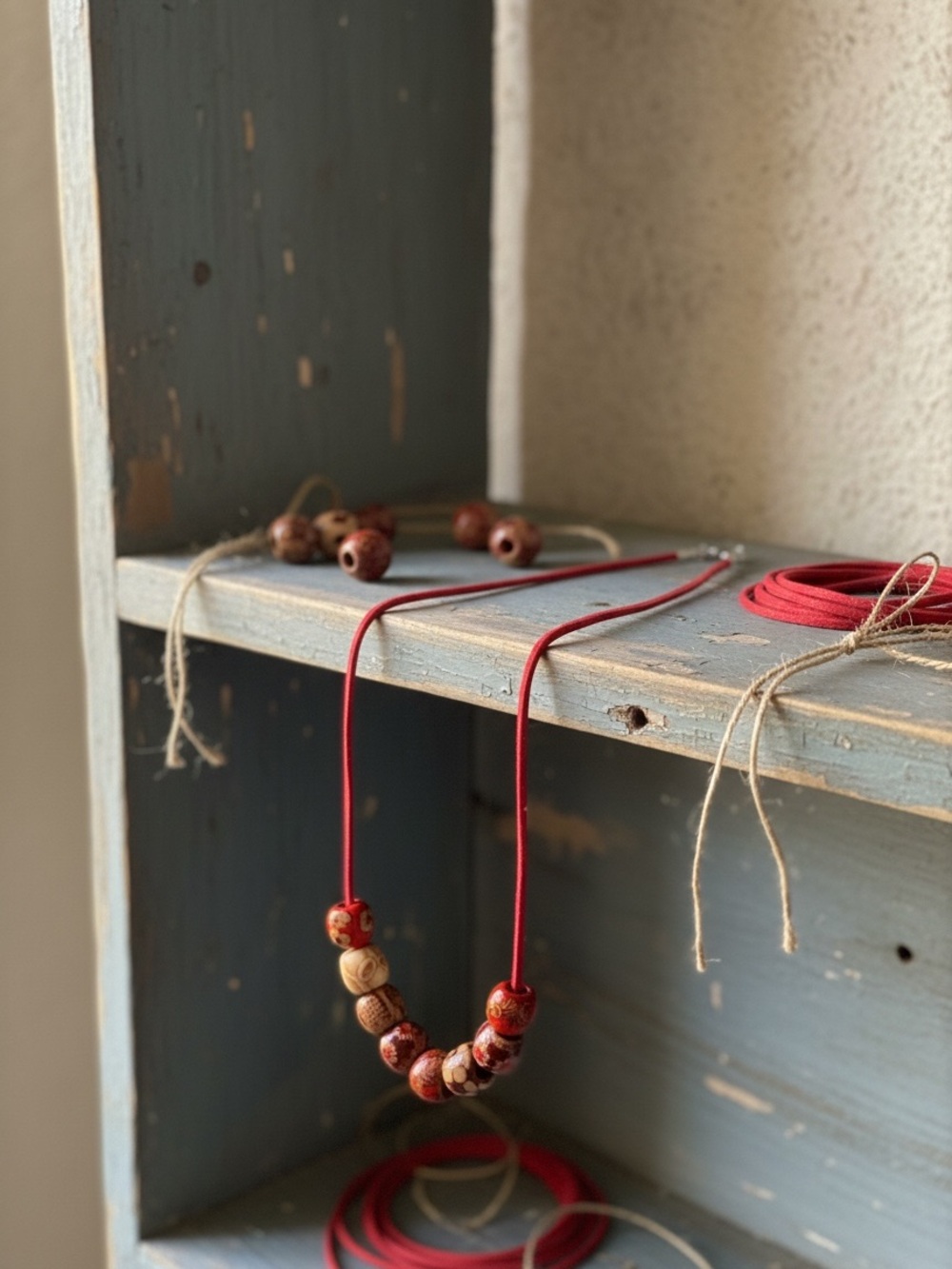 Handmade Handcrafted Red Beaded Necklace with wooden beads &leather cord. 
NWT
